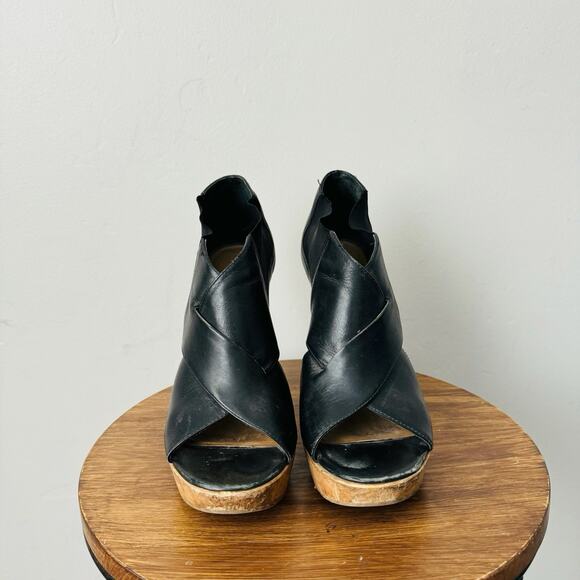 Theory Black Leather Cross Strap Platform Heels Women’s Size 8 - Picture 2 of 10